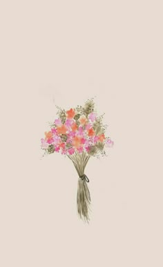 a bouquet of pink and orange flowers on a beige background