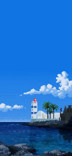 an old computer game with a lighthouse on the shore and palm trees in the background