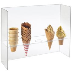 three ice cream cones in a clear display case on a white background, with one cone sticking out from the top