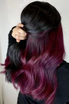 It’s nearly winter and the colours are pa... Bright Red Underneath Hair, Peekaboo Dark Hair, Dark Hair Color Ideas For Summer, Dark Red Peekaboo Hair, Burgundy Peekaboo Hair, Under Hair Dye, Underdye Hair