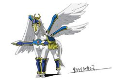 a drawing of an animal with wings on it's head and chest, standing in front of a white background