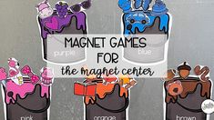 three magnet games for the magnetic center with pictures of animals and people in them, on a gray background