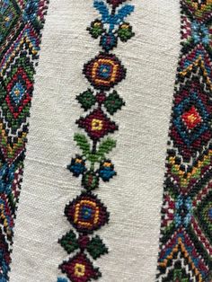 close up view of an embroidered fabric with flowers and leaves on the side, in multicolored colors