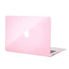 an apple laptop computer is shown with pink plastic cover on the front and back sides