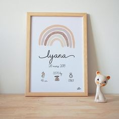 a baby's birth announcement with a toy bear next to it on a shelf