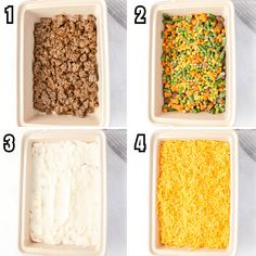 four different types of food are shown in separate dishes, including rice and ground beef