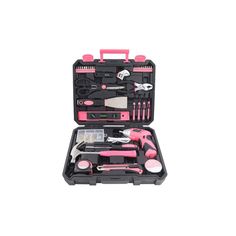 a pink tool set in a black case