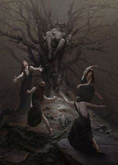 three women are dancing in front of a creepy tree with two men on the other side