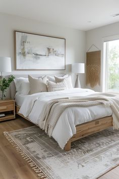 Transform Your Space: Discover the Elegance of a Modern, Boho-Chic Bedroom Neutral Bedrooms With Pop Of Color, Neutral Bedroom Aesthetic, Neutral Bedroom Decor Ideas, Modern Farmhouse Guest Bedroom, Textured Pillows, Farmhouse Guest Bedroom, Elegant Bedroom Design, Bedroom Inspirations Master, White Wall Bedroom