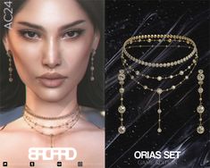 an image of a woman's face with jewelry on her neck and the words orias set