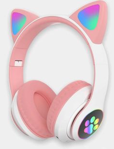 a pair of headphones with cat ears on top of each earphone, one pink and the other white