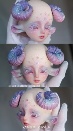 three different pictures of an alien doll with purple hair and blue flowers on her head