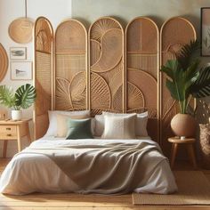 a bedroom with wicker headboard and white bedding, plants in vases on the floor