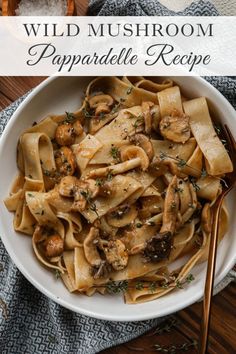 a white bowl filled with pasta and mushrooms