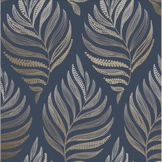 a blue and gold leaf wallpaper with metallic leaves on the back in an elegant pattern