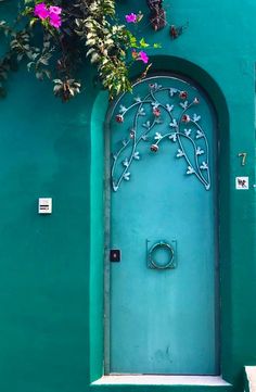 a blue door with flowers on it and a metal ring at the bottom that says,