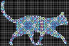 a cross - stitch pattern of a cat in blue, pink and green colors on a black background