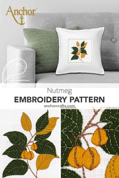 an embroidered pillow with oranges on it and the words nutmeg embroidery pattern