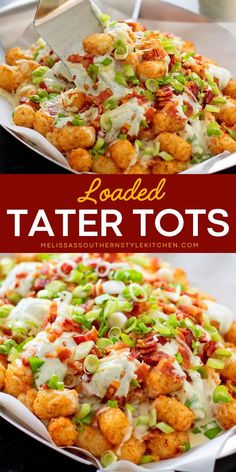 loaded tater tots with bacon, green onions and cheese in a white dish