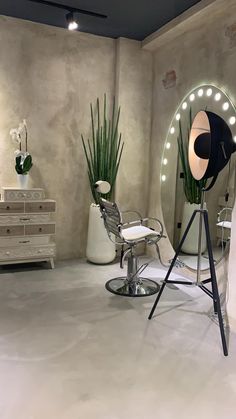 a chair and mirror in a room with lights on the wall, plants behind it