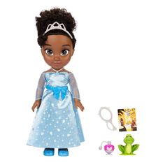 the doll is wearing a blue dress with a tiara on her head and hair clips in front of it