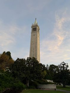 a tall clock tower towering over a lush green park filled with lots of trees and bushes