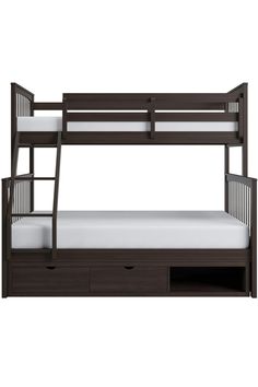 a bunk bed with drawers underneath it and a white mattress on the bottom shelf below