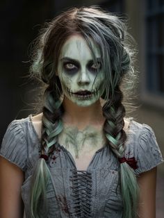 Add a touch of the undead to your Halloween with Zombie Braids. This hairstyle features messy, tousled braids with streaks of green and grey to resemble decaying hair. It’s an excellent choice for a zombie or corpse bride costume, working well with long hair and any face shape. It’s particularly dramatic with pale makeup and dark eye shadows. Glamorous Vampire, Zombie Costume Women, Zombie Hair, Halloween Hairstyle, Zombie Halloween Makeup, Mystical Fairy, Zombie Halloween Costumes, Corpse Bride Costume, Zombie Prom