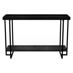 a black console table with two shelves on each side