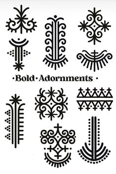 an assortment of ornamental designs in black and white, with the words bold - adornments