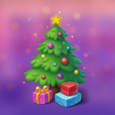 a christmas tree with presents under it and a star on the top, in front of a purple background