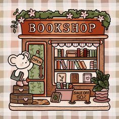 an illustration of a book shop with a mouse on the front door and bookshelf