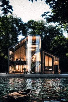 a boat floating on top of a lake next to a building