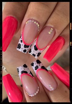 Pink Cow Nail Designs, Different Color Cow Print Nails, Acrylic Nails With Rhinestones Short, How To Do Cow Print Nails, Hot Pink And Cow Print Nails, Rhinestone Summer Nails, Cute Nails Cow Print, Neon Cow Print Nails, Cow Print Pink Nails