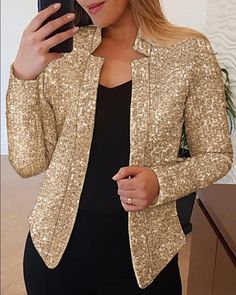 This luxurious Long Sleeve Sequin Blazer Coat is perfect for making a statement. The shimmery sequins will sparkle in any light and will draw attention to your unique style. A wardrobe must-have, this coat will be a stylish addition to any outfit. Size: S, M, L, XL;Style: ChicType: BlazerMaterial:97%Polyester,3%SpandexNeckline: Notch NeckSleeve Style: Long SleeveLength: RegularPattern Type: SequinDecoration: Allover Sequin, CutoutFit Type: RegularOccasion: Daily, WorkPackage Include:1*CoatFabric Chic Winter Coat, Sequin Coats, Winter Coat Short, Stand Collar Coat, Elegant Blazers, Winter Fashion Coats, Womens Jackets Casual, Sequin Blazer, Blazer Outfit