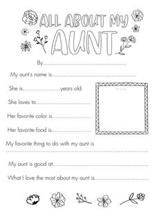 an adult's printable book with flowers and the words, all about my aunt