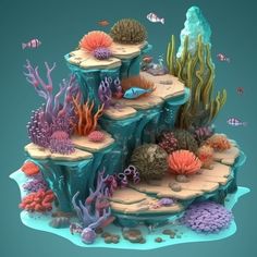 an underwater scene with corals and other marine life