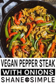 vegan pepper steak with onions and green beans in a skillet