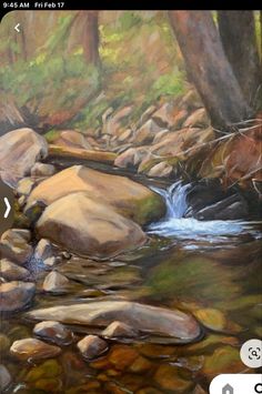 a painting of rocks and water in the woods