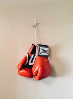 two red boxing gloves hanging on a wall