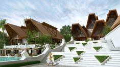 an artist's rendering of a resort with stairs leading up to the swimming pool