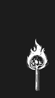 a black and white drawing of a flaming skull on a fork with flames coming out of it