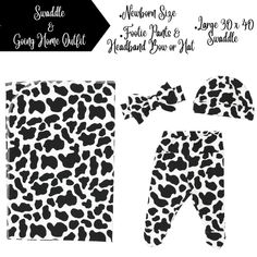 the baby's leopard print footie and hat set is shown in black and white