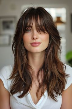 Layered long locks with bangs frame the face beautifully! Here are 49 ideas featuring the most  flattering long hairstyles with layers and fringe for 2024. 👆 Click for more ideas！ Layers And Curtain Bangs, Long Hair With Layers, Layered Hair With Bangs, Hair With Layers, Bangs With Medium Hair, Hair Color And Cut, Long Layered Hair, Curtain Bangs