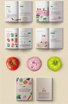 the brochure is designed to look like an open book with vegetables and fruits on it