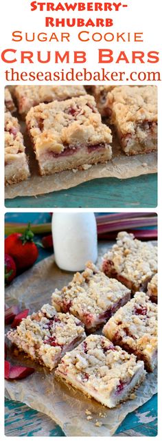 strawberry sugar cookie crumb bars are stacked on top of each other and ready to be eaten