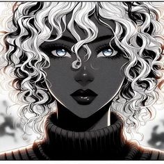 a drawing of a woman with curly hair and blue eyes, wearing a black turtle neck sweater