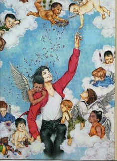 a painting of a man holding up his hands in the air with angels surrounding him