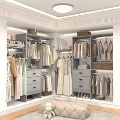 an open closet with clothes, shoes and other items in it on the floor next to a rug