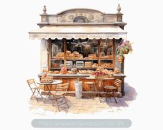 a watercolor painting of a bakery selling pastries